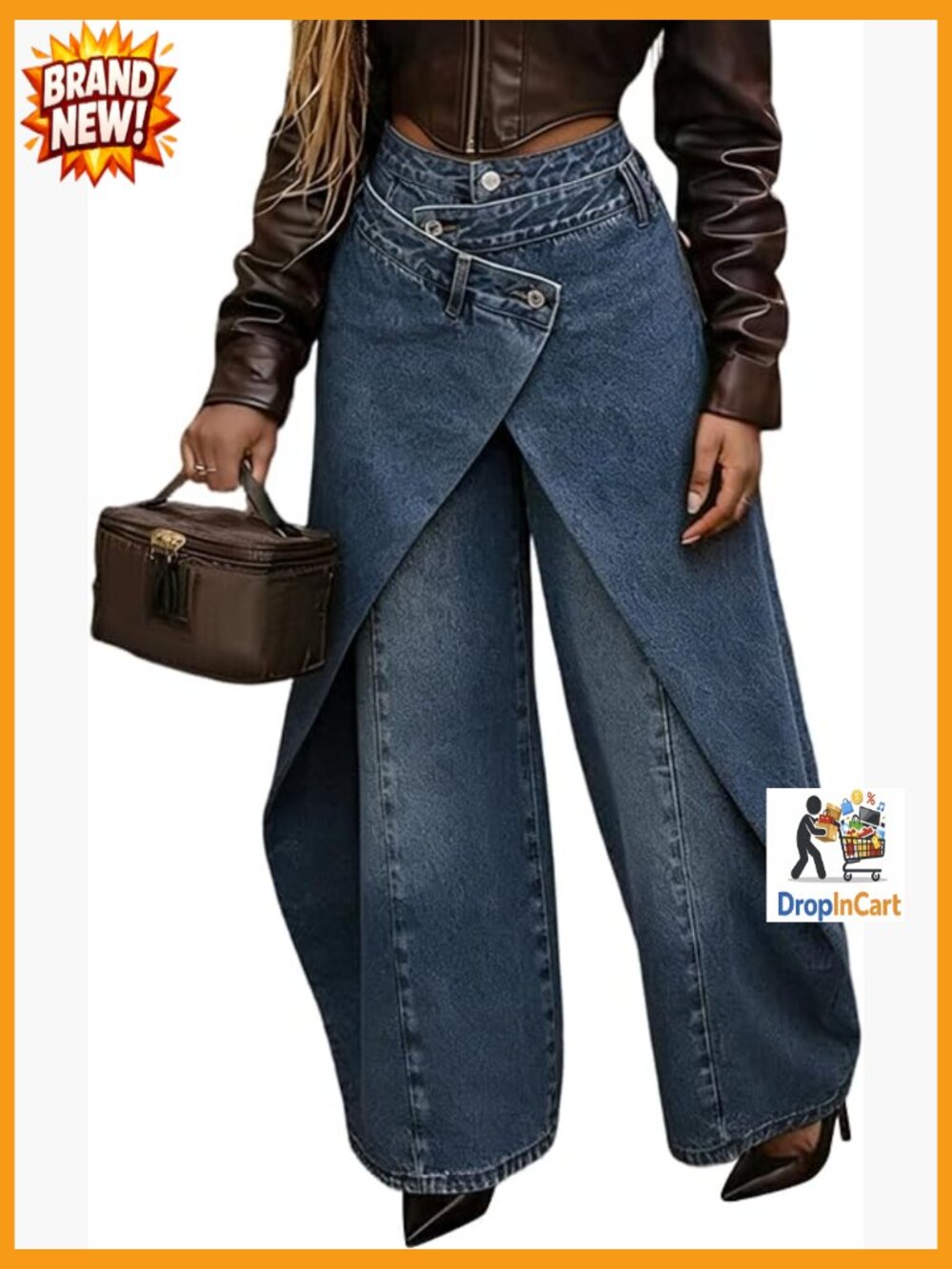 High Waisted Wrap Wide Leg Jeans Asymmetrical Faux Wrap Denim Pants Streetwear